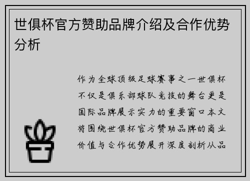 世俱杯官方赞助品牌介绍及合作优势分析