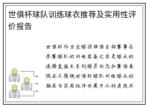 世俱杯球队训练球衣推荐及实用性评价报告