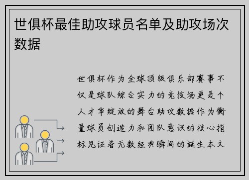 世俱杯最佳助攻球员名单及助攻场次数据